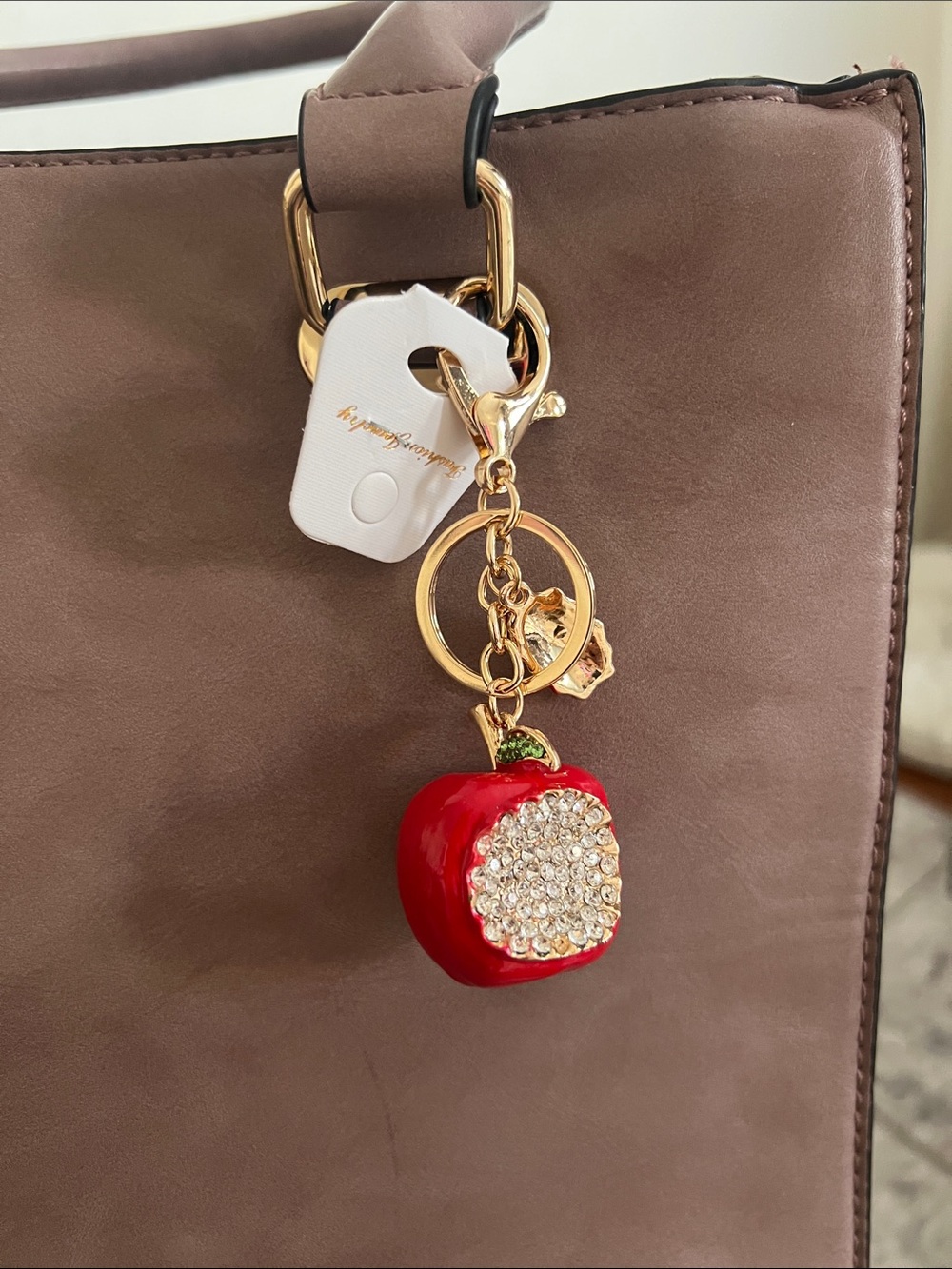 Red Apple Crystal Charm Keychain with Gold Hardware